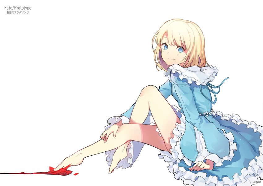artist_name bangs bare_legs barefoot blonde_hair blood_on_feet blood_trail blue_dress blue_eyes closed_mouth collar copyright_name crossed_legs dress english eyebrows_visible_through_hair fate/prototype fate_(series) flower frilled_collar frilled_dress frilled_sleeves frills from_side hand_on_own_leg jehyun knee_up light_smile long_sleeves looking_at_viewer looking_to_the_side medium_hair ribbon sajou_manaka simple_background sitting solo star swept_bangs toe-point white_background wide_sleeves