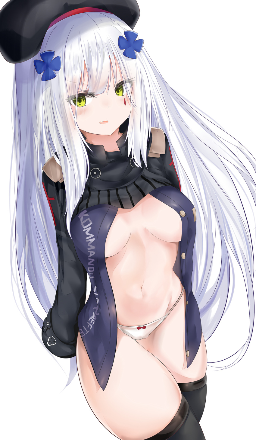 absurdres bangs beret black_legwear blush breasts commentary crossed_legs eyebrows_visible_through_hair eyes_visible_through_hair girls_frontline green_eyes hair_ornament hat highres hk416_(girls_frontline) large_breasts long_hair long_sleeves looking_at_viewer navel open_clothes open_mouth panties pantyhose ribbon_panties ru_zhai sidelocks silver_hair smile solo stomach thighband_pantyhose thighhighs thighs underwear very_long_hair white_panties