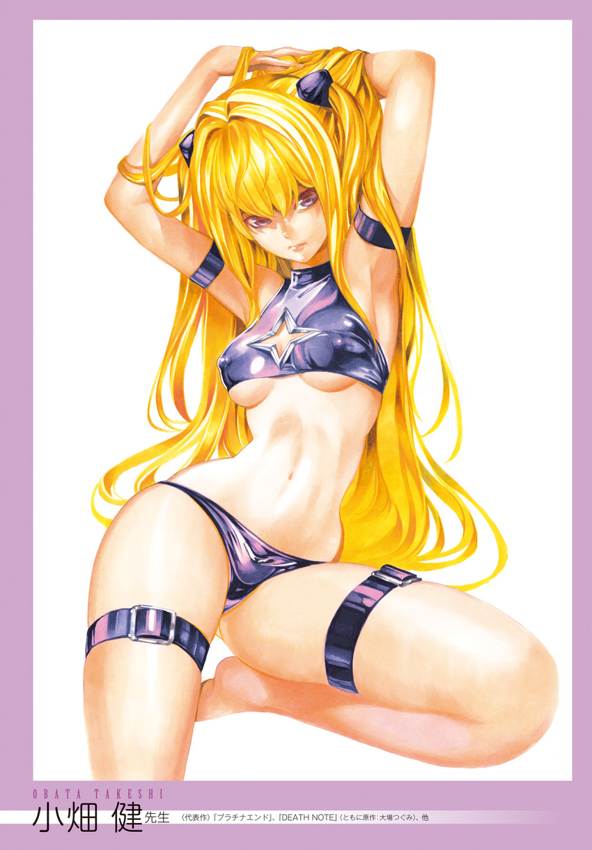 arm_strap armpits arms_up bikini_bottom blonde_hair breasts closed_mouth covered_nipples crop_top expressionless hair_between_eyes hair_intakes highres konjiki_no_yami lips long_hair looking_at_viewer medium_breasts navel obata_takeshi red_eyes shiny shiny_hair shiny_skin solo thigh_strap to_love-ru two_side_up underboob very_long_hair