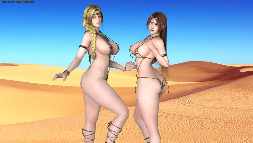 2girls ass blonde_hair breasts crossover dead_or_alive dead_or_alive_5 desert fatal_fury hair_down helena_douglas large_breasts multiple_girls shiranui_mai swimsuit the_majestic