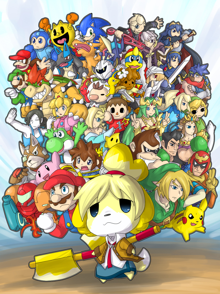 absolutely_everyone angel animal_crossing ape axe bowser canine capcom captain_falcon charizard clothing diddy_kong dlrowdog dog donkey_kong_(character) donkey_kong_(series) dragon f-zero facial_hair flora_fauna fox_mccloud greninja group hair hi_res holding_object holding_weapon human ike_(fire_emblem) isabelle_(animal_crossing) king_dedede kirby kirby_(series) koopa link little_mac lucario lucina_(fire_emblem) luigi luma mammal mario mario_bros marth mega_man_(character) mega_man_(series) melee_weapon meta_knight metroid mii mustache nintendo olimar pac-man pac-man_(series) palutena pikachu pikmin pikmin_(species) pit_(kid_icarus) plant pok&eacute;mon pok&eacute;mon_(species) primate princess_peach princess_zelda red_pikmin robin_(fire_emblem) rosalina_(mario) samus_aran scalie shiek shih_tzu shulk smile sonic_(series) sonic_the_hedgehog square_enix star_fox super_mario_galaxy super_smash_bros super_smash_bros._wii_u sword teeth the_legend_of_zelda tools toon_link video_games villager_(animal_crossing) weapon wii_fit wii_fit_trainer xenoblade yellow_pikmin yoshi