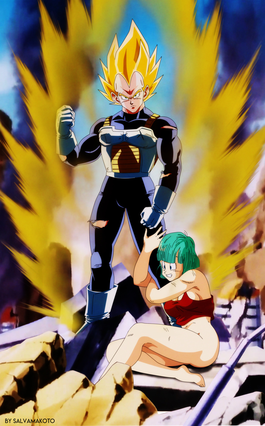 armor battle_damage blonde_hair blue_eyes blue_hair bottomless bulma dragon_ball dragonball_z green_eyes highres no_pants salvamakoto super_saiyan vegeta