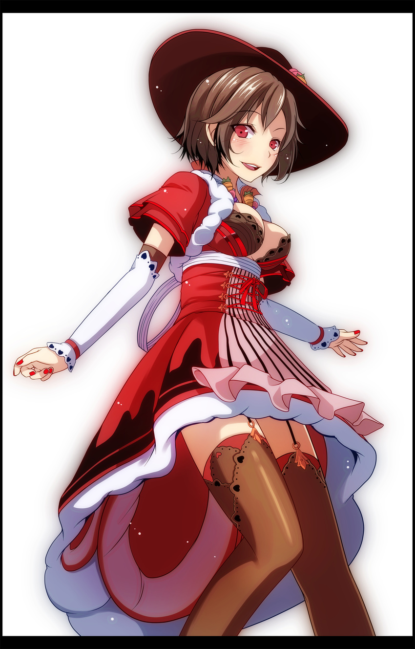 absurdres alternate_costume bad_id bad_pixiv_id blush brown_hair brown_legwear feet_out_of_frame garter_straps hat heart highres meiko nail_polish project_diva_(series) project_diva_x red_eyes red_nails short_hair shrug_(clothing) solo thighhighs tsukishiro_saika vocaloid