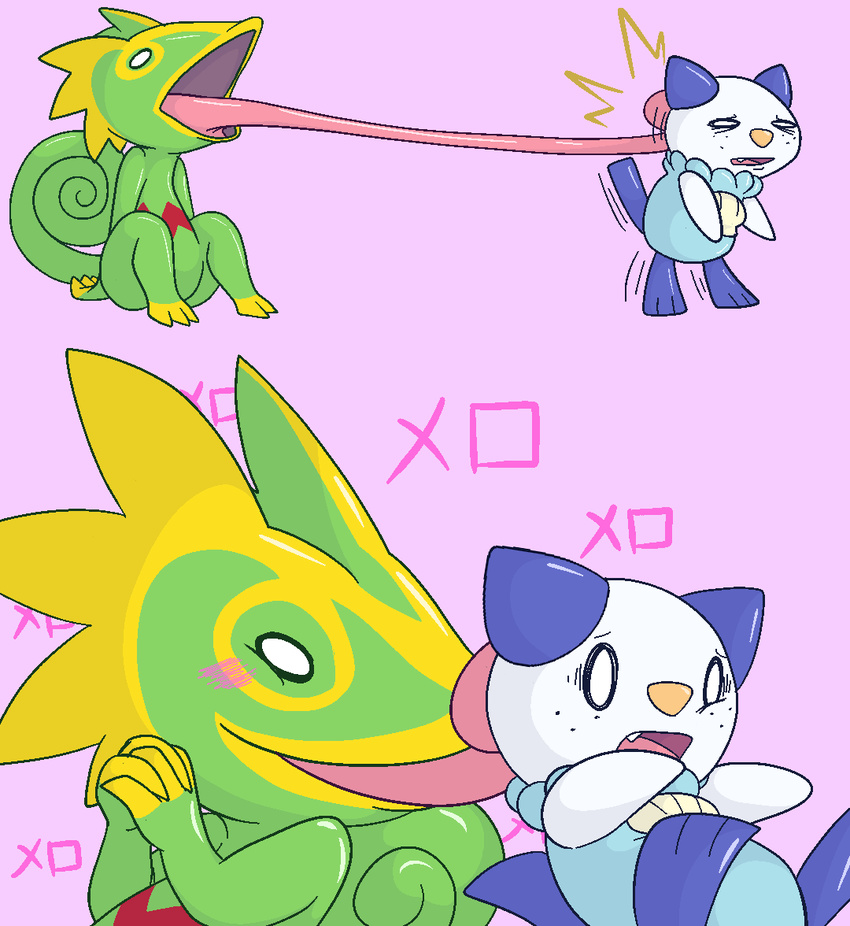 2012 aintsmart blush freckles japanese_text kecleon licking long_tongue nintendo open_mouth oshawott pok&eacute;mon pok&eacute;mon_(species) text tongue tongue_out translation_request video_games