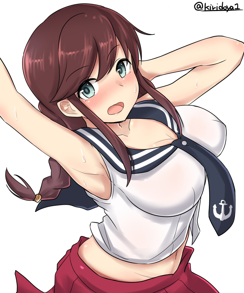 absurdres aqua_eyes arm_behind_head arm_up armpits blush bouncing_breasts braid breasts brown_hair cleavage collarbone eyebrows_visible_through_hair highres kantai_collection kiritto large_breasts long_hair looking_at_viewer midriff navel noshiro_(kantai_collection) open_mouth pleated_skirt red_skirt sailor_collar simple_background skirt solo twin_braids twitter_username upper_body white_background