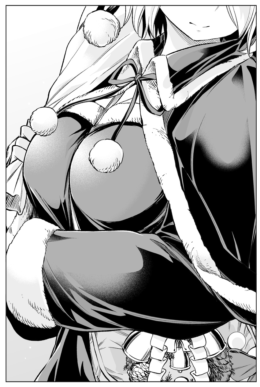 3: breasts capelet close-up closed_mouth commentary_request fur_trim greyscale hair_over_one_eye head_out_of_frame highres holding large_breasts long_sleeves monochrome nande_koko_ni_sensei_ga!? sack santa_costume short_hair soborou solo wreath