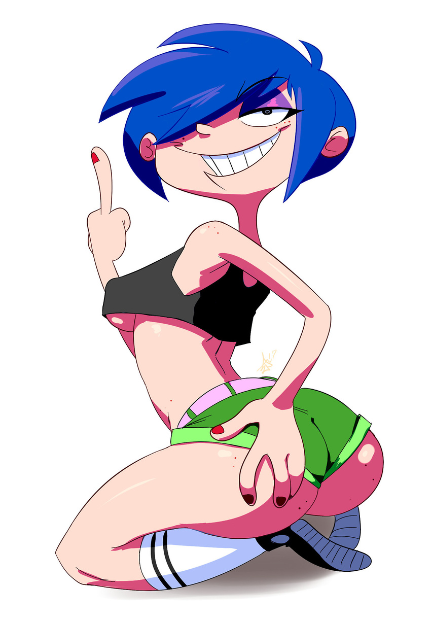 1girl ass blue_hair breasts ed_edd_n_eddy freckles marie_kanker middle_finger nail_polish shoes short_hair shorts smile solo thehumancopier underboob