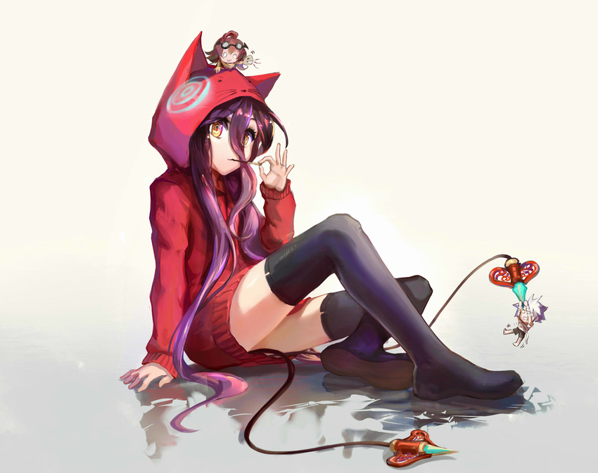absurdres animal_hood arm_support black_footwear boots cat_hood dress full_body gradient gradient_background grey_background hair_between_eyes highres hood hooded long_hair no_game_no_life purple_hair red_sweater shuvi_(no_game_no_life) sishenfan sitting solo sweater sweater_dress thigh_boots thighhighs very_long_hair yellow_eyes