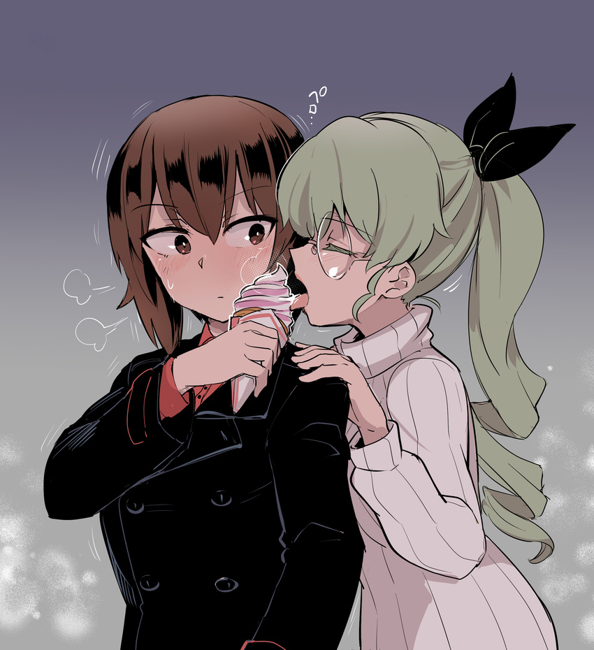 absurdres alternate_hairstyle anchovy aomushi_(mushamusha) black_jacket black_ribbon blush brown_eyes brown_hair casual closed_eyes closed_mouth dress_shirt drill_hair eyebrows_visible_through_hair food fume girls_und_panzer glasses green_hair hair_ribbon hand_on_another's_shoulder highres holding holding_food ice_cream_cone jacket licking long_hair looking_at_another looking_back multiple_girls nishizumi_maho open_mouth ponytail red_shirt ribbed_sweater ribbon round_eyewear sharing_food shirt short_hair standing sweat sweater tongue tongue_out turtleneck white_sweater