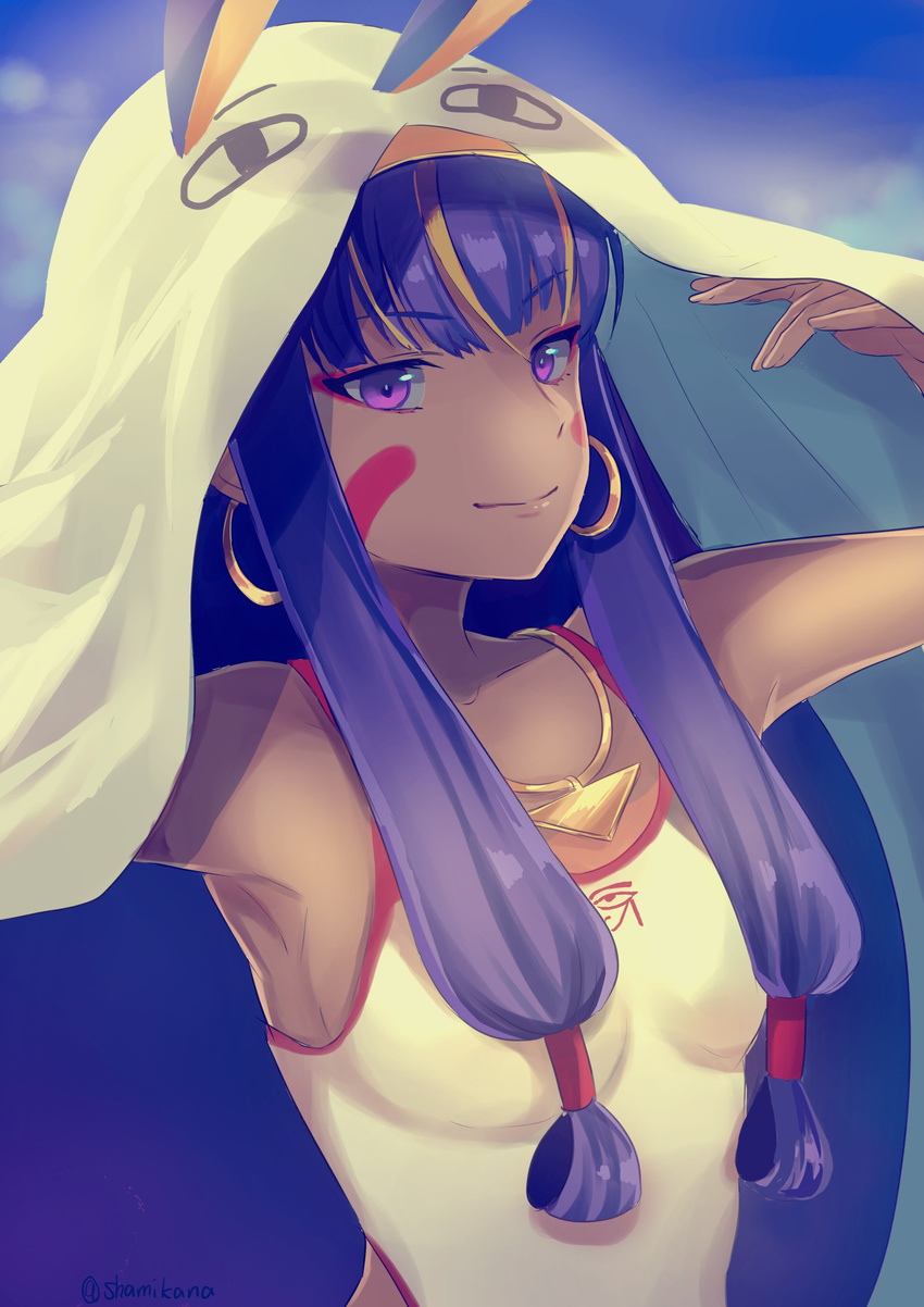 absurdres armpits collarbone earrings eyebrows_visible_through_hair facial_mark fate/grand_order fate_(series) highres jewelry long_hair looking_at_viewer natsu_(shamikana) nitocris_(fate/grand_order) purple_eyes purple_hair smile solo upper_body