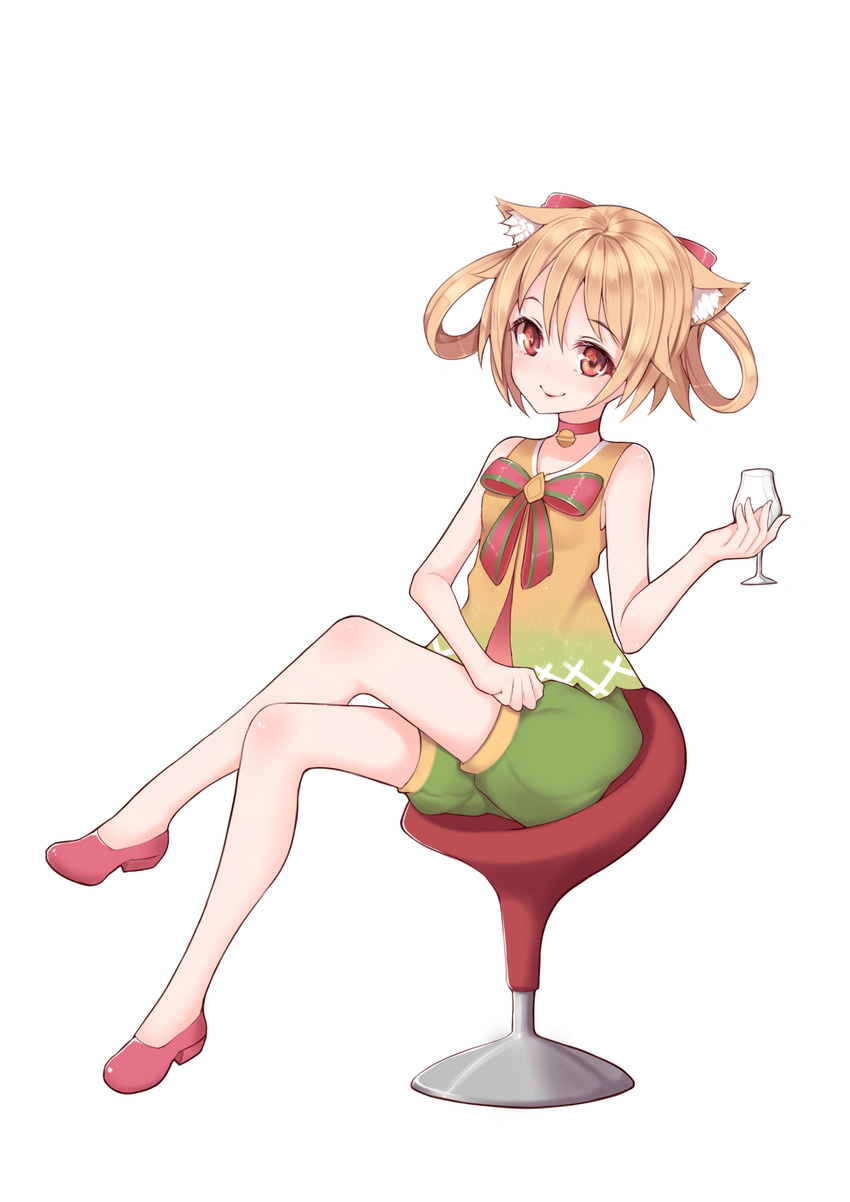 absurdres animal_ears bangs bare_arms bare_shoulders bell blush bow brown_hair chair choker crossed_legs cup drinking_glass eyebrows_visible_through_hair full_body green_shorts hair_bow hanami_dango_(zzldango) high_heels highres holding holding_cup jingle_bell looking_at_viewer original pink_footwear puffy_shorts red_bow red_choker red_eyes ribbon shorts simple_background sitting sleeveless smile solo vest white_background