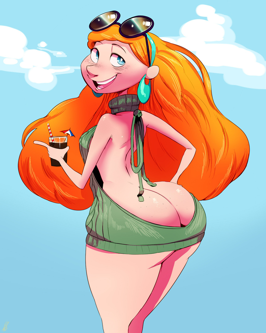 1girl 2017 alcohol ass blue_eyes breasts butt_crack cloud disney drink happy huge_ass inner_workings inner_workings_sunglasses_vendor long_hair nose open_mouth orange_hair solo standing thehumancopier tongue very_long_hair virgin_killer_sweater