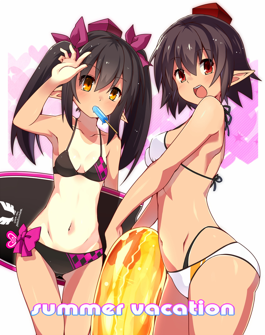 :d alternate_costume bare_shoulders bikini black_bikini black_hair blush breasts brown_eyes food groin hat highres himekaidou_hatate innertube kickboard kotomuke_fuurin long_hair looking_at_viewer mouth_hold multiple_girls navel one-piece_tan open_mouth pointy_ears popsicle red_eyes shameimaru_aya short_hair small_breasts smile swimsuit tan tanline teeth tokin_hat touhou twintails white_background white_bikini yellow_innertube