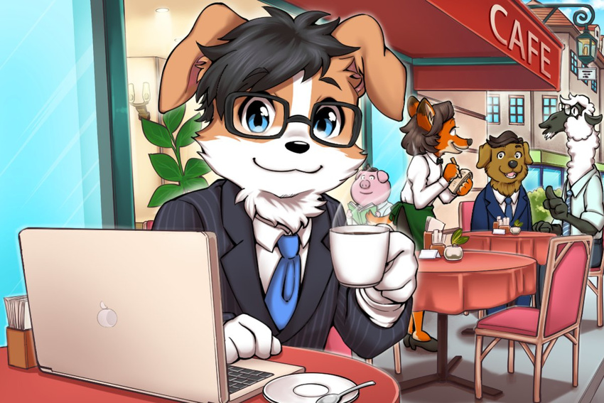 anthro background_characters black_hair blue_eyes blue_tie business_suit cafe canine clothed clothing coronta_(tenshoku_safari) cup dog eyewear fur glasses hair macbook male mammal maruyama_(artist) multicolored_fur napkin_holder necktie official_art saucer suit tenshoku_safari