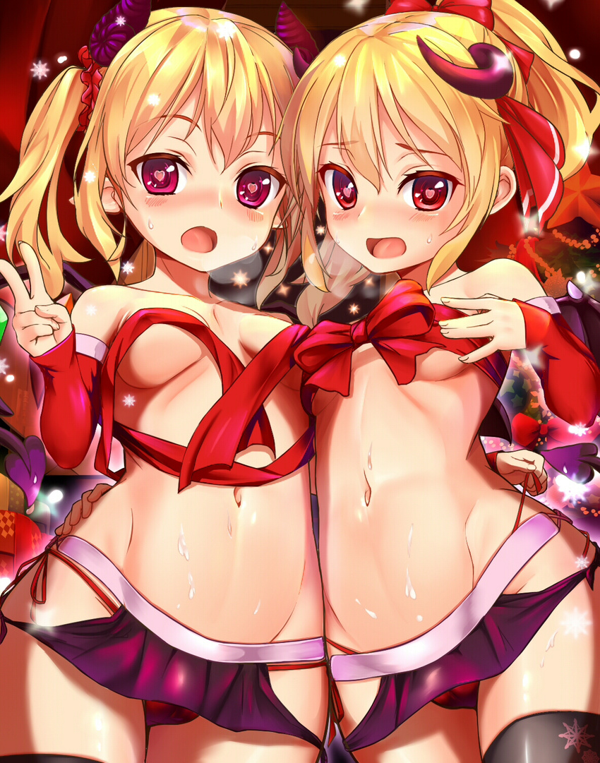 arm_around_waist arm_warmers bangs bare_shoulders black_legwear blonde_hair bow breasts commentary_request demon_tail flandre_scarlet groin hair_bow hand_up heart heart-shaped_pupils highres horns long_hair looking_at_viewer microskirt multiple_girls navel open_mouth panties pointy_ears red_bow red_eyes red_panties red_ribbon ribbon rumia shiron_(e1na1e2lu2ne3ru3) skirt small_breasts snowflakes stomach suggestive_fluid sweatdrop symbol-shaped_pupils tail thighhighs touhou underwear v wings