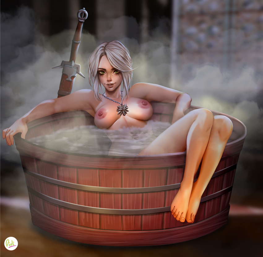 1girl areolae artist_name breasts ciri didi_esmeralda feet green_eyes legs looking_at_viewer necklace nipples parted_lips partially_submerged short_hair solo steam sword the_witcher the_witcher_3 toes weapon white_hair