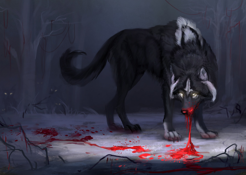 2017 black_fur blood canine detailed_background digital_media_(artwork) feral fur glowing glowing_eyes jademere mammal paws solo standing wolf