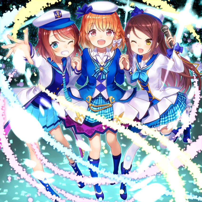 :d ;d blue_eyes boots bow braid brown_hair buntan commentary_request concert girl_sandwich grin hair_bow hair_ornament hairclip half_updo hat highres holding_hands long_hair looking_at_viewer love_live! love_live!_sunshine!! microphone mirai_no_bokura_wa_shitteru_yo multiple_girls necktie one_eye_closed open_mouth orange_hair outstretched_hand red_eyes red_hair sakurauchi_riko sandwiched shirt short_hair side_braid skirt smile takami_chika thighhighs uniform watanabe_you white_legwear yellow_eyes