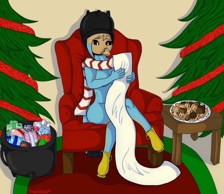 anthro avian bird blue_skin bubble cauldron chair christmas christmas_tree clothed clothing coal cookie demon festive food footwear fudge gift headgear holidays jug list mererna partially_clothed scarf sitting thatcatzoey tree