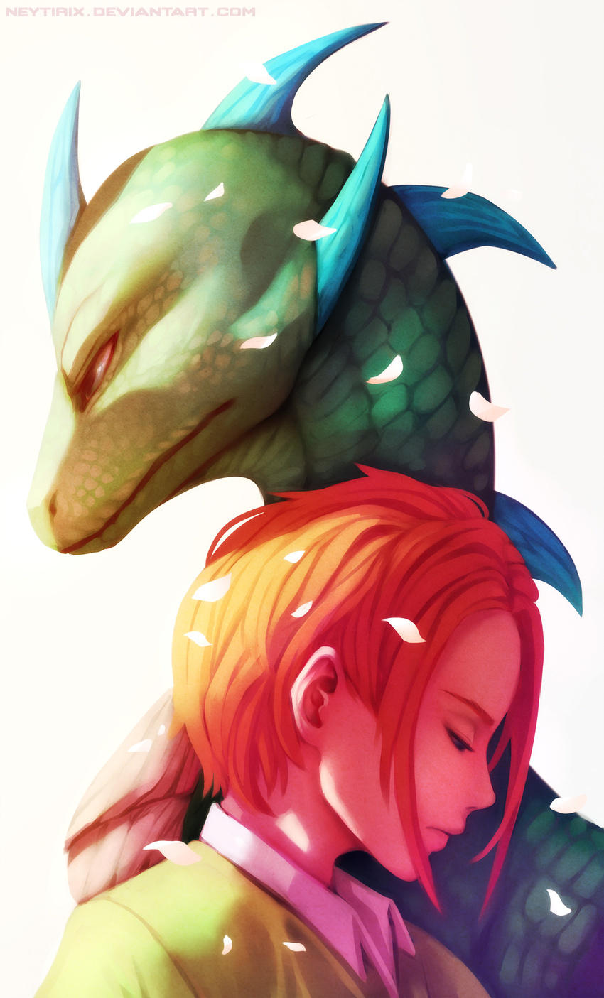 2017 digital_media_(artwork) duo green_scales hair human lizard mammal neytirix red_hair reptile scales scalie simple_background spines white_background