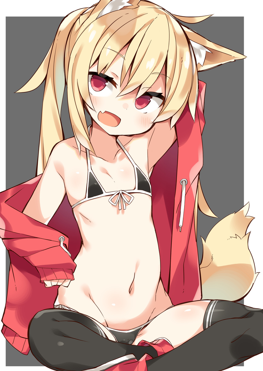 :d abarabone absurdres animal_ears arm_up armpits bangs bare_shoulders bikini black_bikini black_legwear blonde_hair cardigan collarbone drawstring eyebrows_visible_through_hair fang flat_chest fox_ears fox_tail front-tie_bikini front-tie_top full_body grey_background groin hair_between_eyes halter_top halterneck head_tilt highres indian_style long_hair looking_at_viewer lowleg lowleg_bikini micro_bikini navel off_shoulder open_cardigan open_clothes open_mouth original red_eyes red_footwear side-tie_bikini sitting sleeves_past_wrists smile solo stomach swimsuit tail thighhighs tsurime