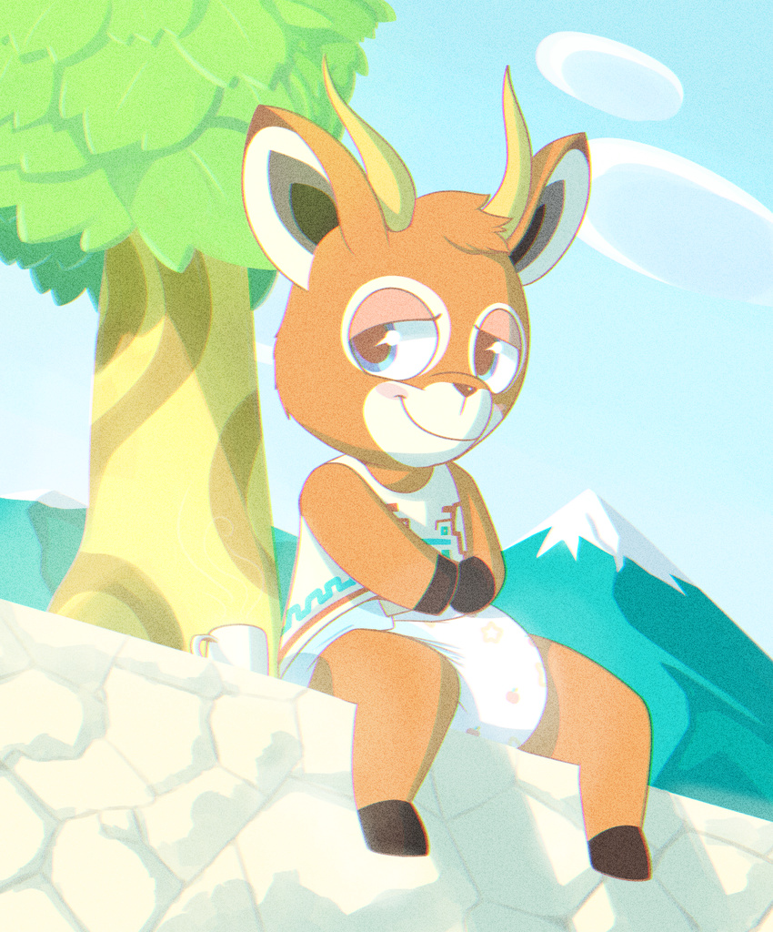 anthro beau_(animal_crossing) beverage cervine coffee cup deer diaper hooves horn looking_at_viewer male mammal ozzybear sitting smile solo tree