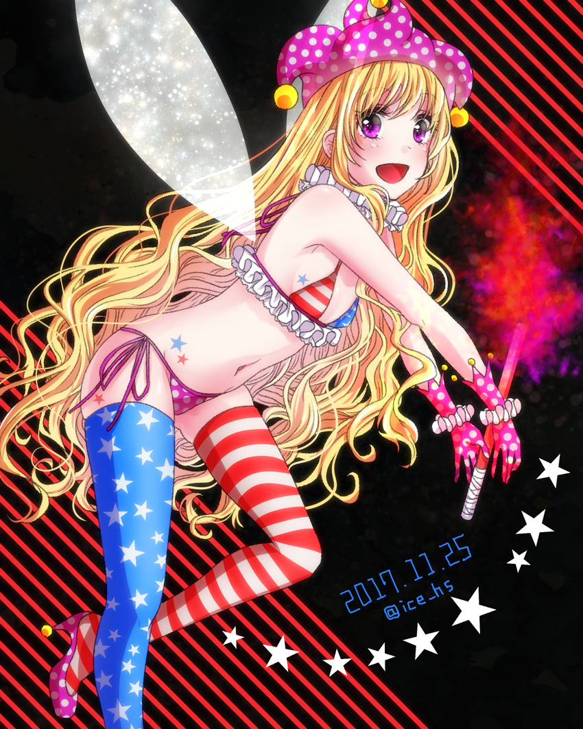 alternate_headwear american_flag_bikini american_flag_legwear bangs bare_shoulders bikini blonde_hair clownpiece dated fairy_wings fire flag_print flat_chest gloves highres ice_(aitsugai) long_hair micro_bikini neck_ruff open_mouth panties pink_eyes pink_footwear polka_dot polka_dot_panties shoes side-tie_bottom solo star star_print striped striped_legwear swimsuit thighhighs torch touhou underwear very_long_hair wavy_hair wings