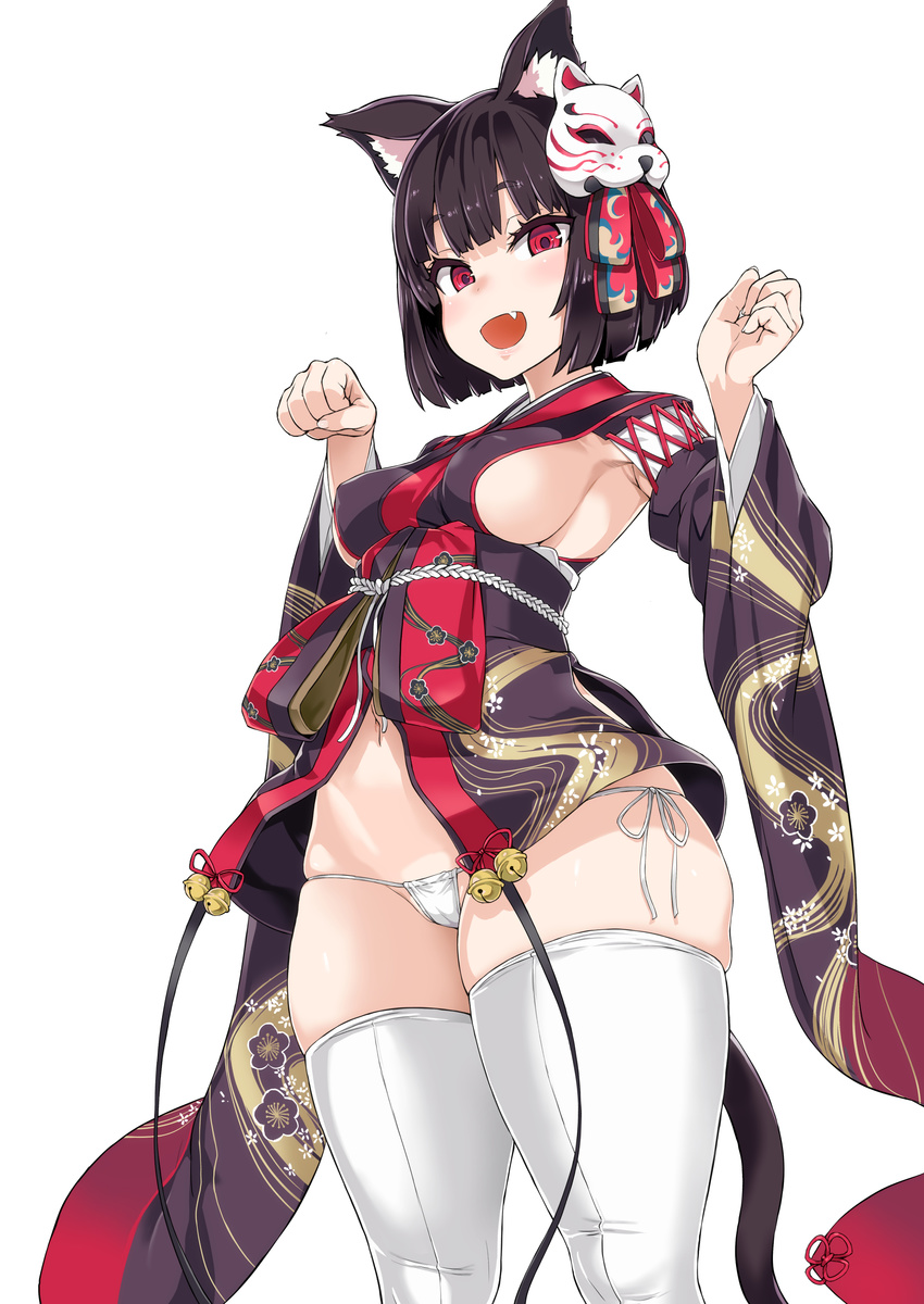 :d absurdres animal_ears asanagi azur_lane bangs bell black_hair blunt_bangs blush breasts cat_ears cat_mask cat_tail covered_nipples cowboy_shot enty_reward fang hair_ornament hair_ribbon hands_up highres japanese_clothes jingle_bell looking_at_viewer mask mask_on_head medium_breasts micro_panties navel open_mouth paid_reward panties paw_pose red_eyes ribbon short_hair side-tie_panties sideboob simple_background skindentation smile solo tail thick_thighs thighhighs thighs underwear white_background white_legwear white_panties yamashiro_(azur_lane)