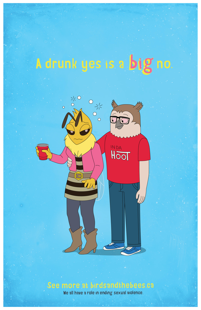 advertisement antennae anthro arthropod avian bee bird blue_background boots breasts clothed clothing cup drunk english_text eyelashes eyewear female footwear fully_clothed glasses insect male official_art owl sexual_violence_with_the_birds_and_the_bees simple_background text unknown_artist wings