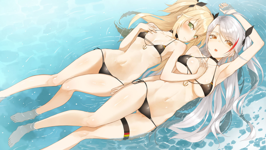 admiral_hipper_(azur_lane) arm_up armpits azur_lane bare_shoulders barefoot bikini black_bikini blonde_hair breasts brown_eyes choker cleavage closed_mouth day green_eyes highres long_hair looking_at_viewer lying medium_breasts multicolored_hair multiple_girls on_back outdoors parted_lips partially_submerged prinz_eugen_(azur_lane) side-tie_bikini silver_hair small_breasts streaked_hair string_bikini swimsuit thigh_strap throtem two_side_up