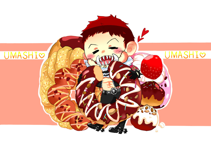 =_= abs bare_chest belt_buckle boots brown_hair buckle cake charlotte_katakuri chest chibi closed_eyes commentary_request cowboy_boots daifuku_(tales-vr2314-i48) doughnut eating food fruit full_body gloves happy heart highres male_focus one_piece open_clothes open_vest pants scarf sharp_teeth short_hair solo spikes spoilers spurs stitches strawberry teeth vest