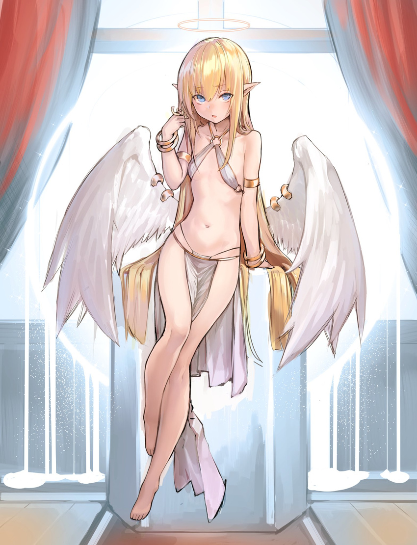 angel angel_wings armlet bangle bare_legs barefoot blonde_hair blue_eyes bracelet breasts commentary_request criss-cross_halter deluxe&lt;&lt;&lt; eyebrows_visible_through_hair full_body hair_twirling halo halterneck highres jewelry loincloth long_hair looking_at_viewer midriff navel o-ring o-ring_top original panties parted_lips pelvic_curtain pointy_ears sidelocks small_breasts solo string_panties underwear very_long_hair white_panties white_wings wings