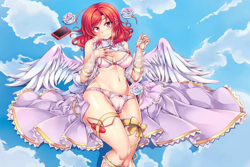 angel_wings bow bowtie bra breasts breath cameltoe cellphone clenched_hand cloud commentary_request day feathered_wings flower frilled_bra frills hair_ornament hand_on_own_chest jewelry love_live! love_live!_school_idol_project medium_breasts midriff navel nishikino_maki open_clothes open_skirt panties phone purple_eyes pussy_juice_stain red_hair ribbon rose shirt_lift skirt sleeveless smartphone smile solo striped striped_neckwear thigh_bow thigh_ribbon underwear vibrator vibrator_under_clothes vibrator_under_panties white_wings windart wings wrist_ribbon x_hair_ornament