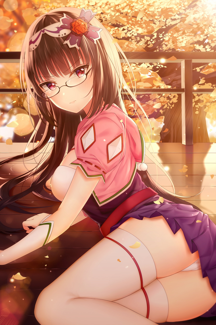absurdres angry ass autumn bangs black-framed_eyewear black_hair blush breasts fate/grand_order fate_(series) glasses hairband highres junpaku_karen large_breasts lens_flare long_hair looking_at_viewer low_twintails osakabe-hime_(fate/grand_order) panties pantyshot porch purple_eyes semi-rimless_eyewear skirt solo thighhighs twintails under-rim_eyewear underwear white_legwear white_panties