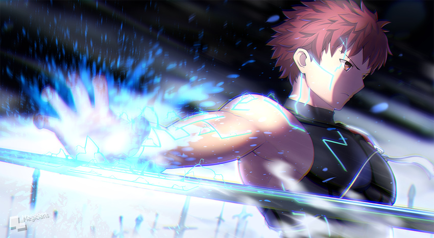 armor armpits artist_name breastplate brown_eyes electricity emiya_shirou energy fate/stay_night fate_(series) magic magicians_(zhkahogigzkh) male_focus orange_hair outstretched_arm planted_sword planted_weapon reaching ribbon serious solo sparks sword upper_body weapon white_ribbon