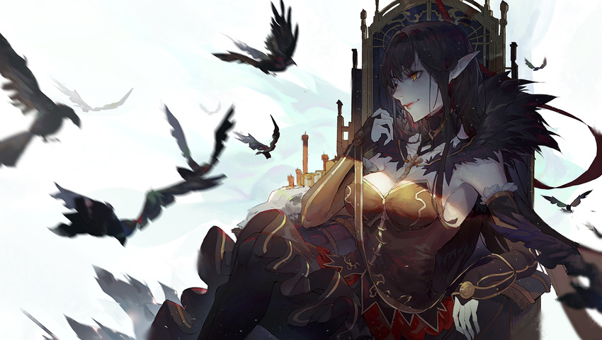 animal arm_rest bird black_gloves black_legwear black_leotard breasts bridal_gauntlets cleavage closed_mouth crossed_legs crow detached_collar dress elbow_gloves fate/apocrypha fate_(series) flock fur_collar gloves hand_up kuroduki_(pieat) large_breasts leotard long_hair looking_to_the_side pantyhose pink_lips pointy_ears semiramis_(fate) sitting smile solo throne very_long_hair yellow_eyes