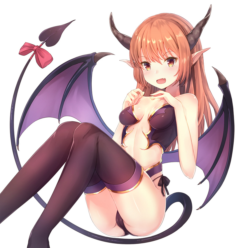 ass black_legwear blush breasts brown_eyes brown_hair demon_girl demon_horns demon_tail demon_wings eyebrows_visible_through_hair fang highres horns long_hair looking_at_viewer non-web_source open_mouth original pointy_ears small_breasts smile succubus sunsuke tail thighhighs thighs wings