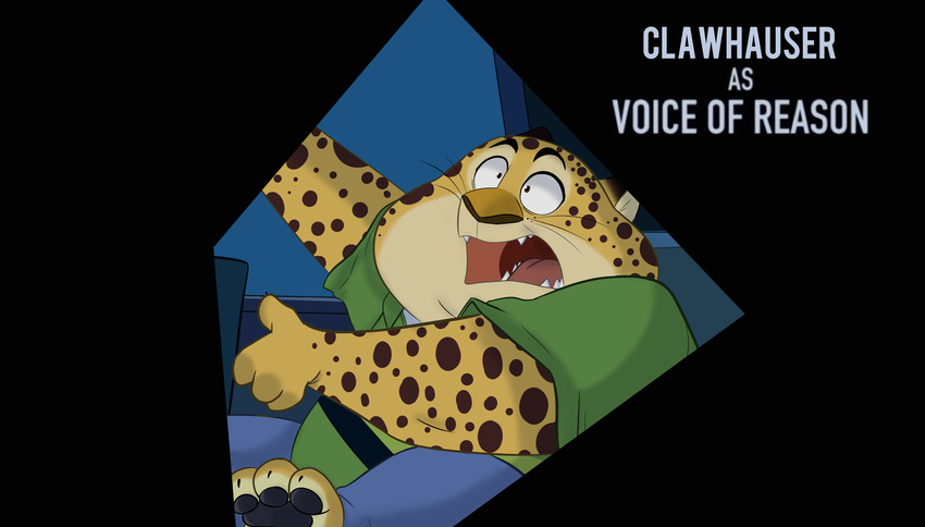 2016 3_toes 4_fingers absurd_res anthro benjamin_clawhauser black_pawpads car cartoon_network cheetah clothed clothing cyberamethyst digital_drawing_(artwork) digital_media_(artwork) dipstick_ears disney english_text feline fur hi_res male mammal overweight parody pawpads scared solo spots spotted_fur steven_universe text toes vehicle whiskers yellow_fur zootopia