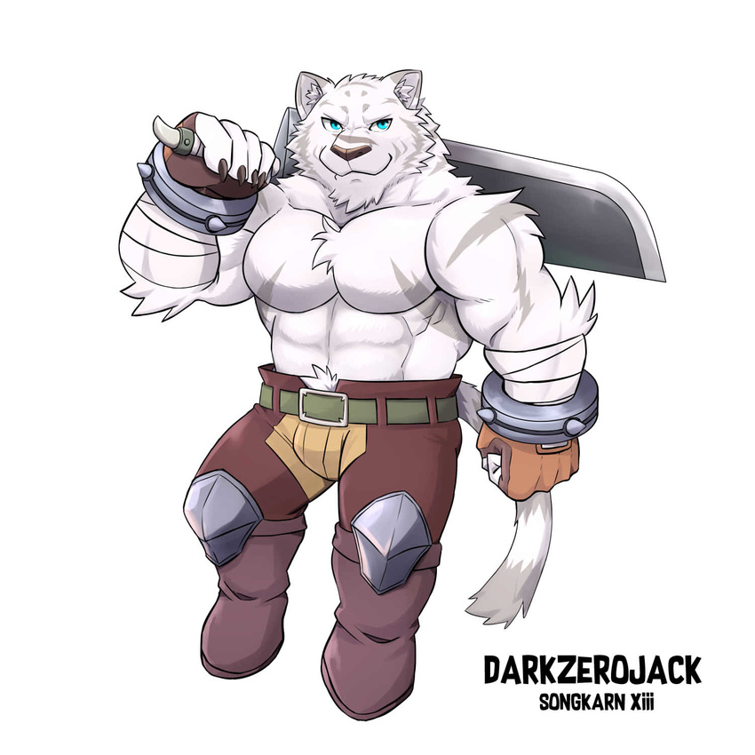 2017 abs anthro belt biceps big_muscles blue_eyes boots clothed clothing darkzerojack feline footwear fur grimoire_of_zero hi_res male mammal melee_weapon mercenary_(character) muscular muscular_male obliques pants pecs standing stripes sword tiger topless triceps weapon white_fur white_tiger