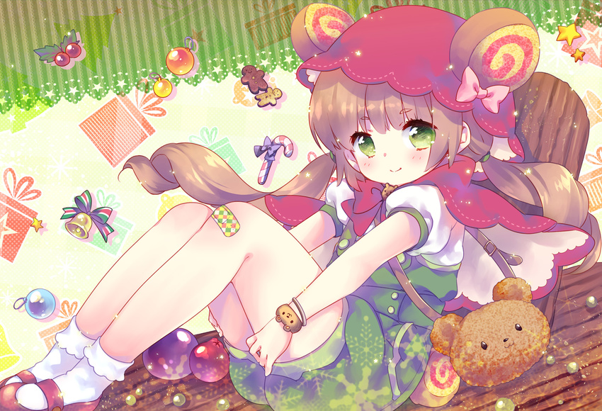 animal_bag bag bandaid bandaid_on_knee bangs bear_bag bell blush bobby_socks box bracelet brown_hair candy candy_cane christmas christmas_ornaments closed_mouth ech eyebrows_visible_through_hair food gift gift_box gingerbread_man green_eyes hat highres jewelry long_hair looking_at_viewer low_twintails mary_janes original overalls puffy_short_sleeves puffy_sleeves red_footwear red_hat ribbon shirt shoes short_sleeves shoulder_bag sitting smile socks solo star striped striped_ribbon themed_object twintails white_legwear white_shirt