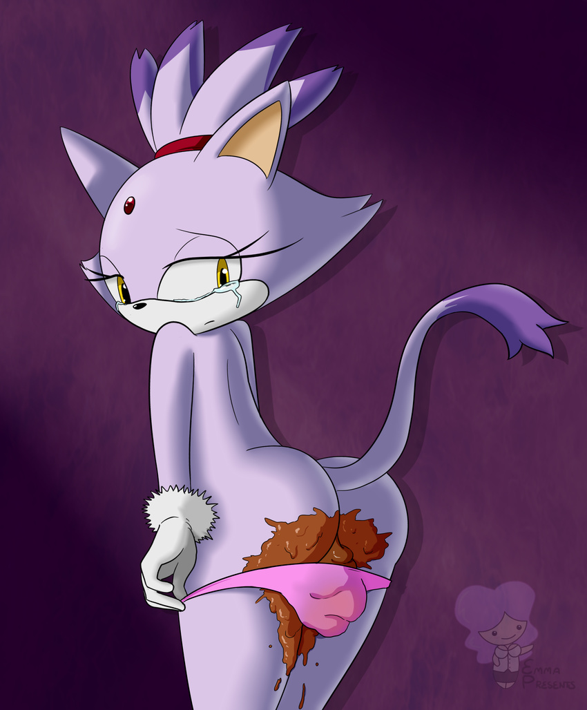 anthro blaze_the_cat butt cat clothing crying embarrassed emmapresents feces feline female forced hi_res looking_back mammal panties pooping presenting raised_tail rear_view scat simple_background soiled_panties soiling sonic_(series) standing tears underwear video_games