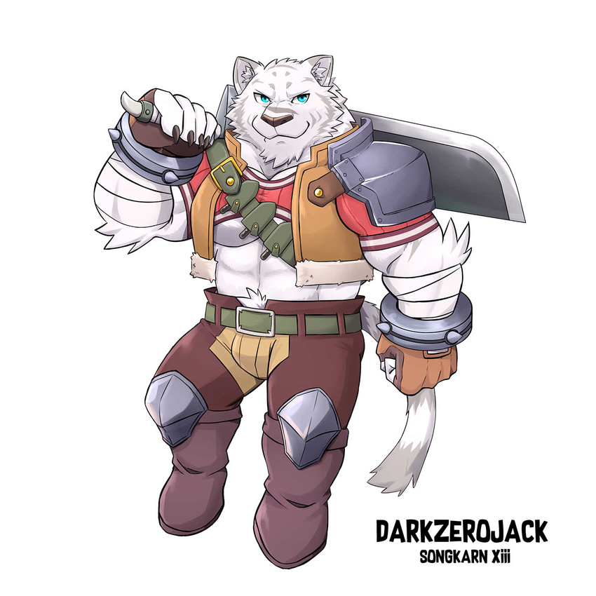2017 abs anthro belt biceps big_muscles blue_eyes clothed clothing darkzerojack feline fur grimoire_of_zero hi_res male mammal melee_weapon mercenary_(character) muscular muscular_male stripes sword tiger weapon white_fur white_tiger