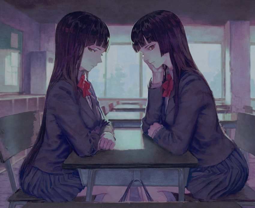 bad_id bad_tumblr_id bangs black_hair blue_skirt blunt_bangs bow bowtie cardigan chair chin_rest classroom closed_mouth collared_shirt desk elbows_on_table feet_out_of_frame from_side grey_eyes half-closed_eyes hand_on_own_cheek indoors long_hair long_sleeves looking_at_viewer looking_to_the_side multiple_girls original pleated_skirt red_eyes red_neckwear ryono_mizuki school_desk school_uniform shirt sitting skirt symmetry very_long_hair white_shirt wing_collar