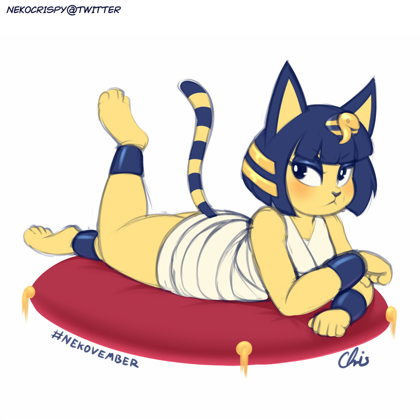 2017 animal_crossing ankha anthro cat clothed clothing egyptian feline female hair hi_res looking_at_viewer lying mammal nekocrispy nintendo on_front short_hair simple_background solo video_games white_background