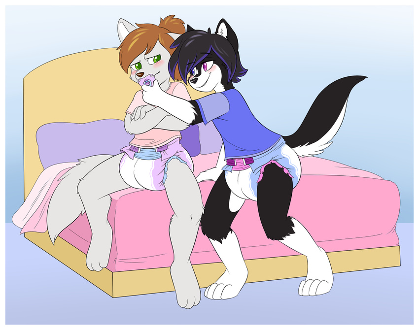 ageplay anthro bed blush cat diaper duo feline girly green_eyes heterochromia male mammal pacifier pillow poofy-shark pouting sitting