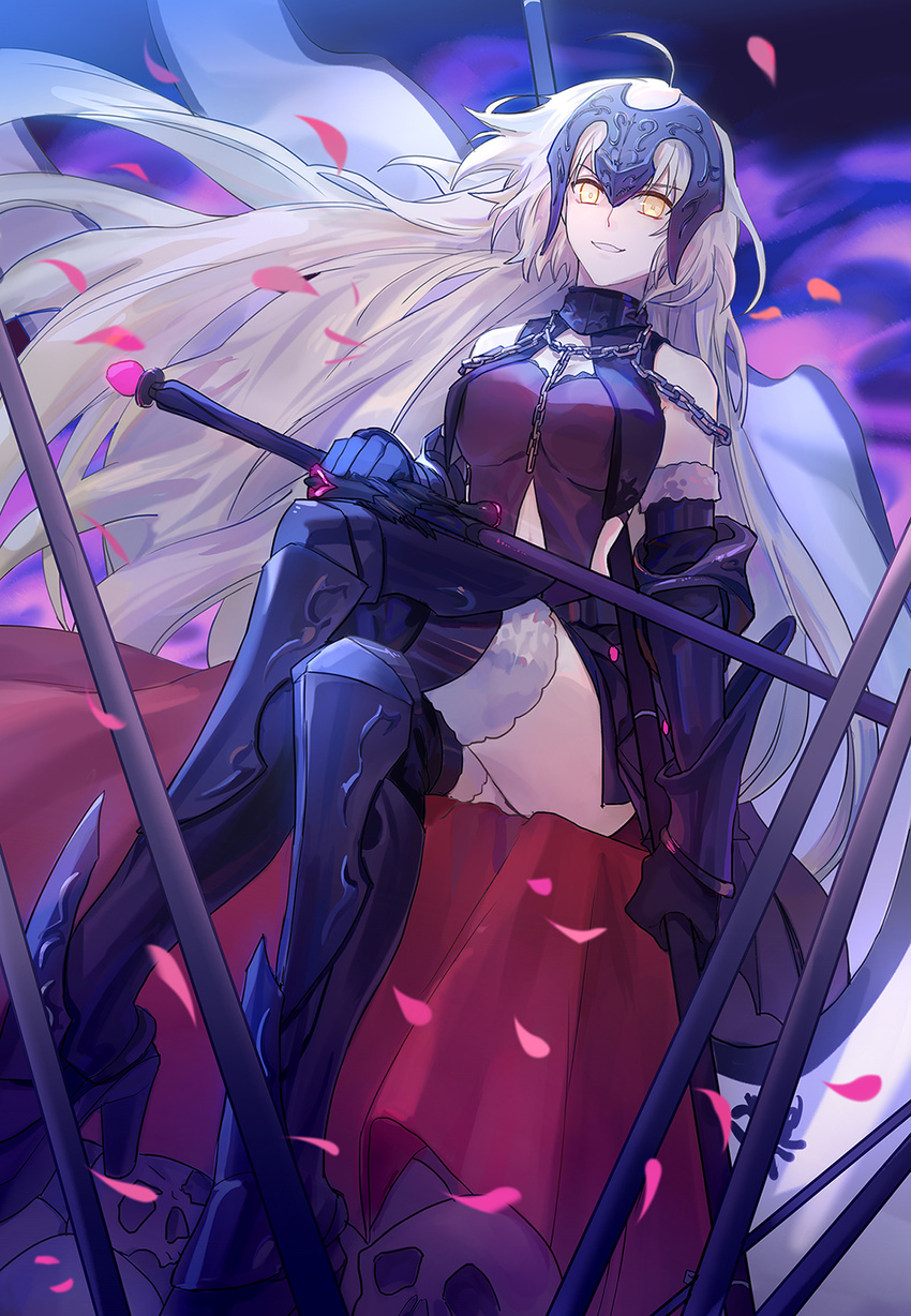 ahoge armor armored_boots black_footwear black_gloves black_legwear boots breasts chain crossed_legs elbow_gloves eyebrows_visible_through_hair fate/grand_order fate_(series) floating_hair from_below gloves highres holding holding_sword holding_weapon jeanne_d'arc_(alter)_(fate) jeanne_d'arc_(fate)_(all) knee_boots large_breasts long_hair navel_cutout outdoors petals silver_hair sitting smile solo sword thighhighs very_long_hair weapon wuren_daoshang_dekezong yellow_eyes