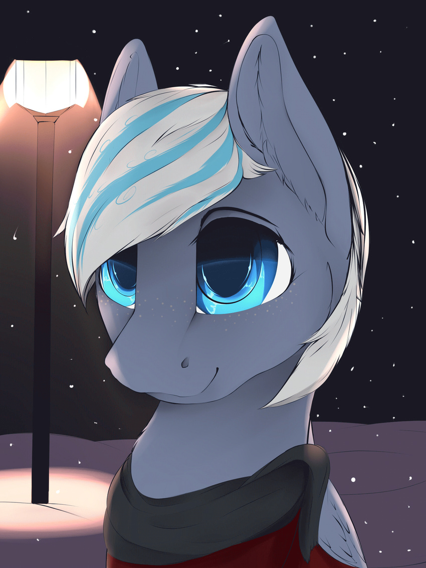 2017 animated blinking blue_eyes chapaevv coat equine fan_character feathered_wings feathers female freckles friendship_is_magic hair hi_res light mammal multicolored_hair my_little_pony night outside pegasus scarf short_hair smile snow snowing solo street_lamp two_tone_hair wings winter