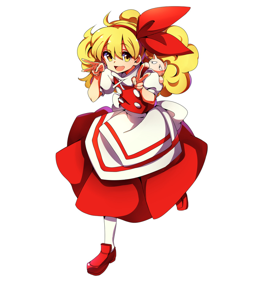 animal animal_on_shoulder baba_(baba_seimaijo) blonde_hair bow cat cat_on_shoulder commentary_request double_v ellen full_body hair_ribbon hairband long_hair red_footwear ribbon sokrates_(touhou) solo touhou touhou_(pc-98) transparent_background v yellow_eyes