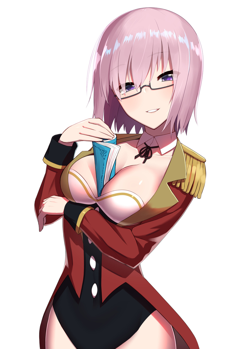 alternate_costume between_breasts black-framed_eyewear black_leotard blush book breasts cleavage coat collarbone detached_collar epaulettes eyebrows_visible_through_hair fate/grand_order fate_(series) glasses hair_over_one_eye highres kuroshiro_(ms-2420) leotard long_hair long_sleeves looking_at_viewer mash_kyrielight medium_breasts naughty_face open_clothes open_coat parted_lips pink_hair purple_eyes red_coat semi-rimless_eyewear sexually_suggestive shiny shiny_hair short_hair simple_background smile under-rim_eyewear upper_body white_background
