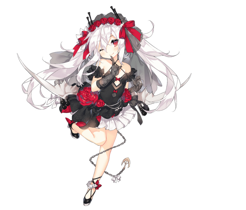 ;) anchor azur_lane bangs bare_shoulders bat bat_wings black_footwear black_shirt blush bow breasts bridal_veil chain closed_mouth eyebrows eyebrows_visible_through_hair eyelashes finger_to_mouth floating_hair floral_print flower full_body gloves grey_gloves hair_between_eyes hair_flower hair_ornament hair_ribbon halterneck index_finger_raised jewelry leg_up long_hair miniskirt official_art one_eye_closed pleated_skirt red_bow red_eyes red_flower red_ribbon red_rose ribbon ring rose saru shirt shoes sidelocks skirt slit_pupils small_breasts smile solo sparkle standing standing_on_one_leg tachi-e torpedo transparent_background turret vampire_(azur_lane) veil very_long_hair wedding_ring white_bow white_hair white_skirt white_wings wings